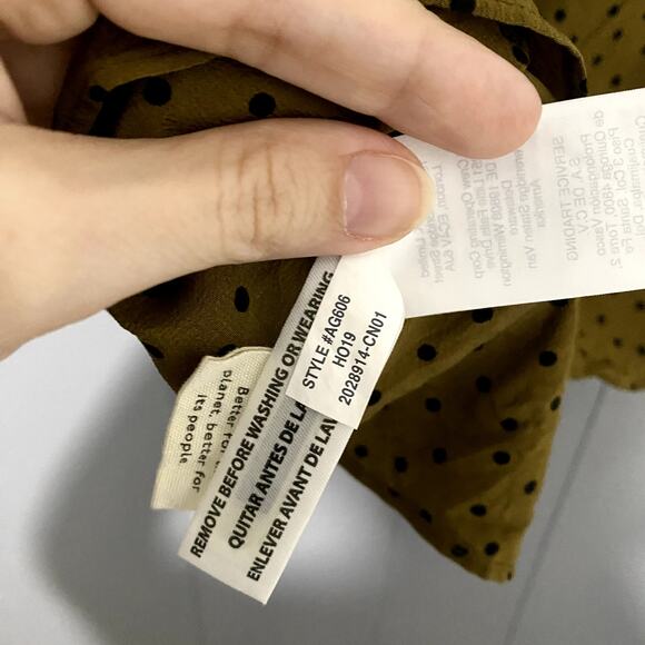 Madewell Silk Carmelina Olive Green Polka Dot Flutter-Sleeve Washable Top 6 - Picture 5 of 9